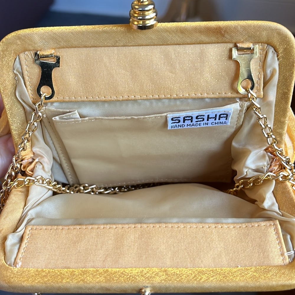 Sasha Gold Satin Pleated small purse w/Gold chain shoulder strap 7.5”W X 5.5”H - Picture 8 of 12